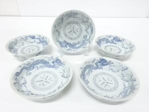 古伊万里　染付　線描き龍紋　なます皿　5客